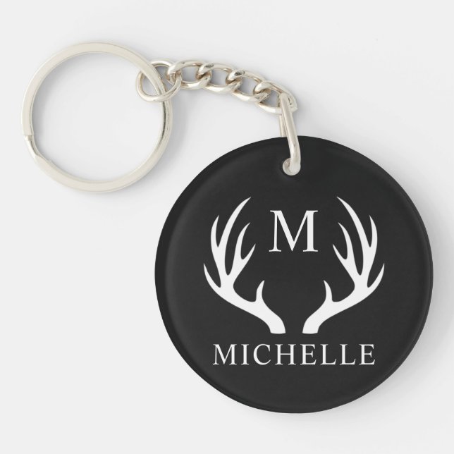 Custom Monogram with Black White Deer Antler Keychain (Front)