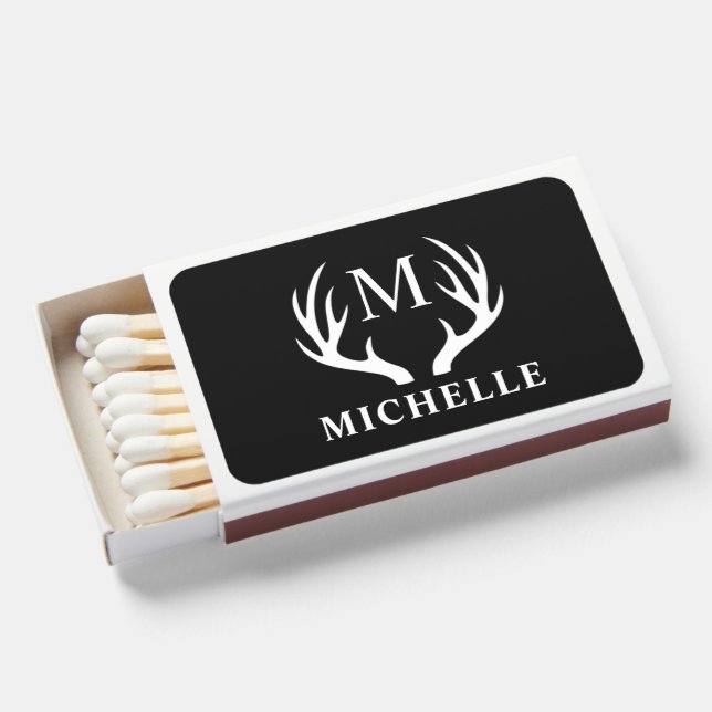 Custom Monogram with Black White Deer Antler Matchboxes (Front Open)