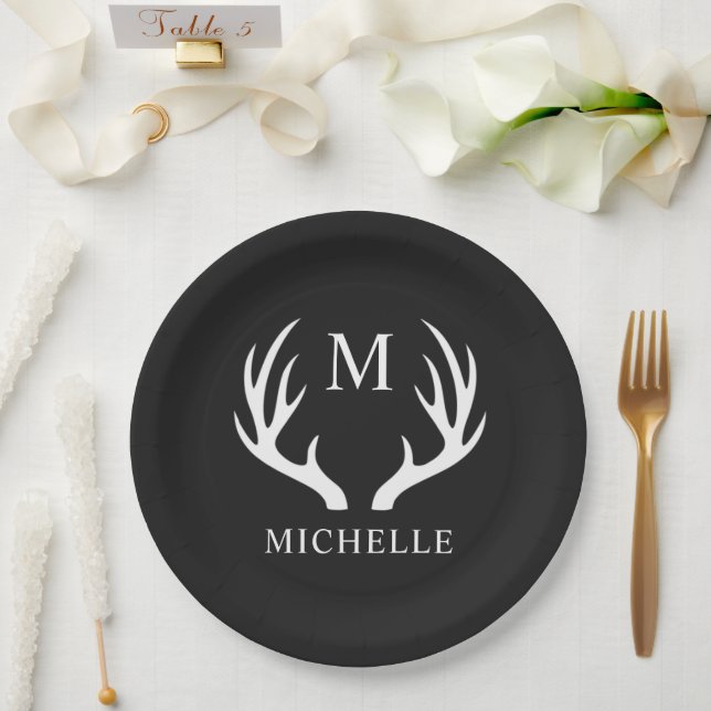 Custom Monogram with Black White Deer Antler Paper Plates (Wedding)