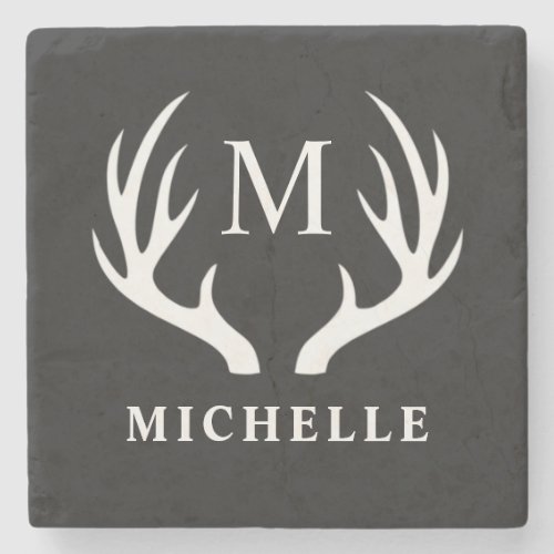 Custom Monogram with Black White Deer Antler Stone Coaster