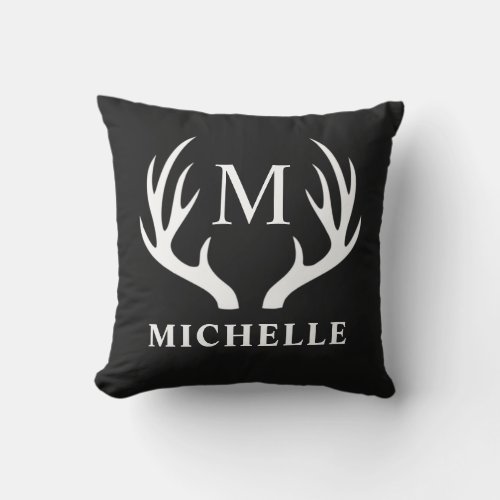 Custom Monogram with Black White Deer Antler Throw Pillow