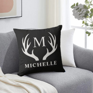 Custom Monogram with Black White Deer Antler Throw Pillow