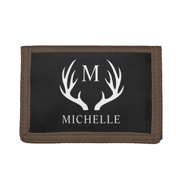 Custom Monogram with Black White Deer Antler Trifold Wallet (Front)