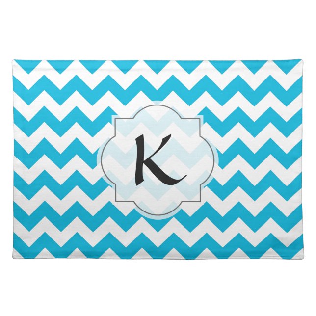 Custom Monogram with Blue Chevron Background Cloth Placemat (Front)