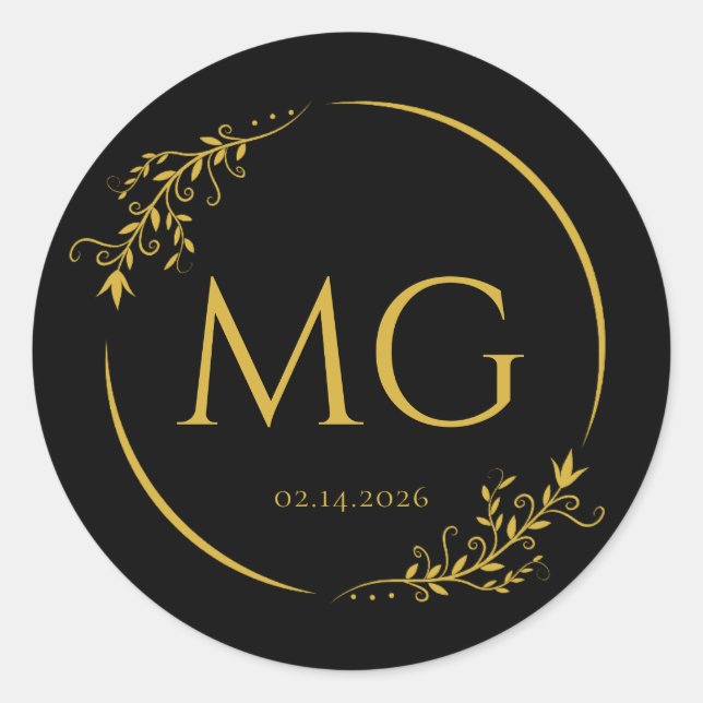Custom Monogram with Date Black Metallic Gold Classic Round Sticker (Front)