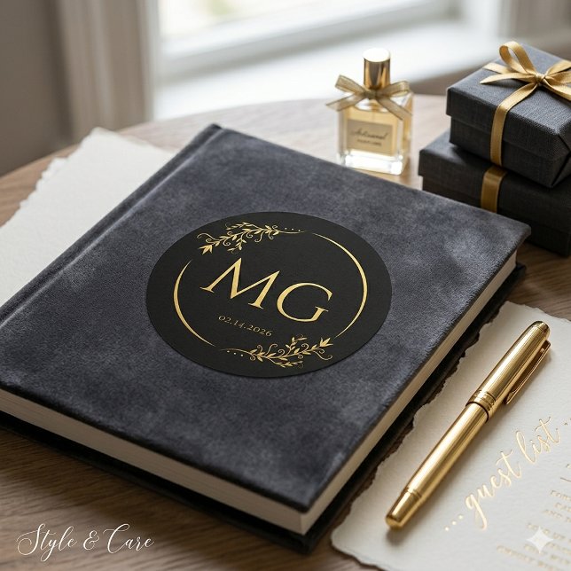 Custom Monogram with Date Black Metallic Gold Classic Round Sticker (Custom Monogram with Date Black Metallic Gold Classic Round Sticker)