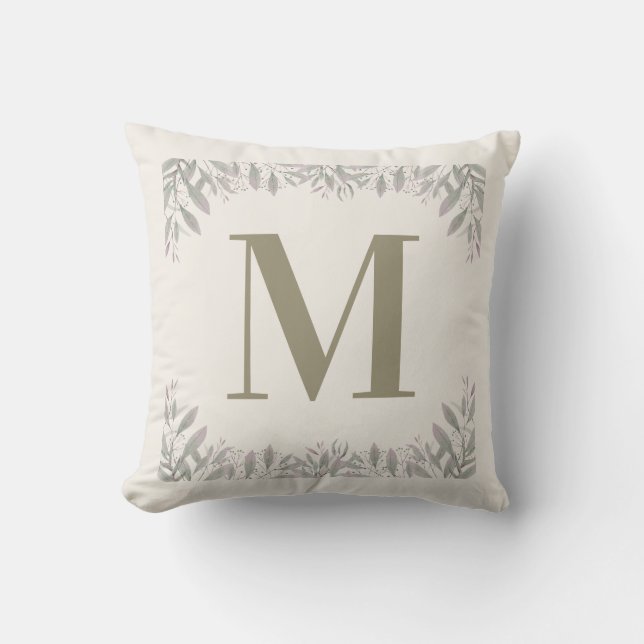 Custom Monogram with Elegant Botanical Border Throw Pillow (Front)