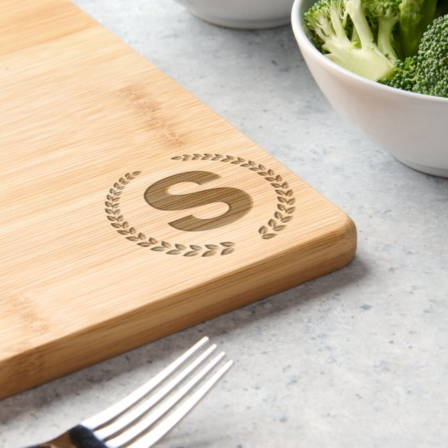 Custom Monogram with Laurel Leaves Engraved Cutting Board (Kitchen)