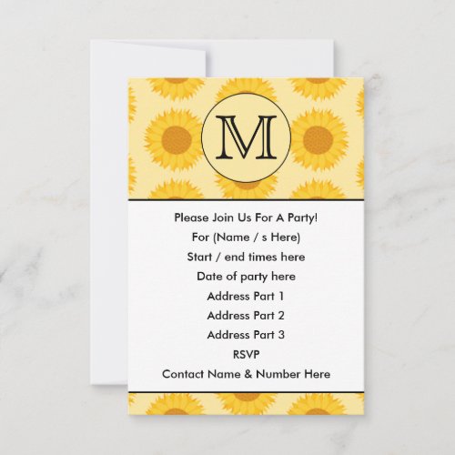 Custom Monogram, with Yellow Sunflowers. Invitation