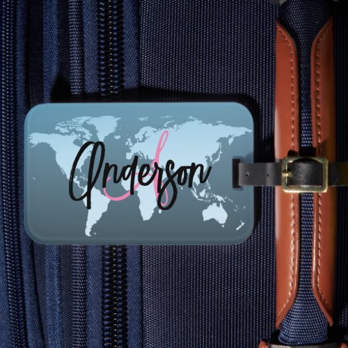 Custom Monogram World Traveler Pink Map Name Luggage Tag