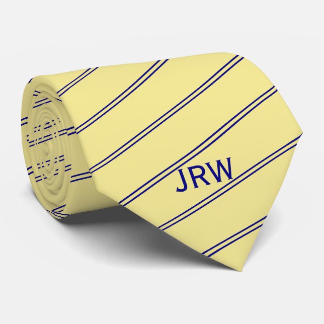 Custom Monogram Yellow and Blue Striped Neck Tie (Rolled)
