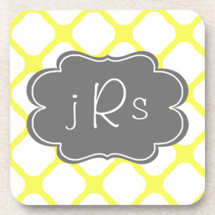 Custom Monogram Yellow and White Art Deco Pattern Drink Coaster