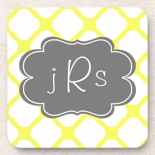 Custom Monogram Yellow and White Art Deco Pattern Drink Coaster (Front)