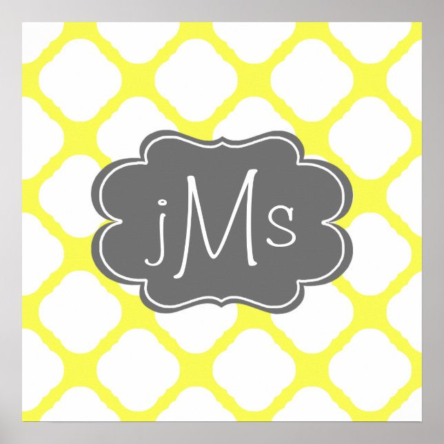 Custom Monogram Yellow and White Art Deco Pattern Poster (Front)