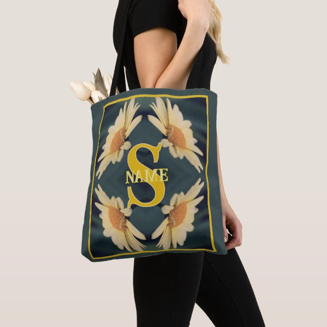 Custom Monogram Your Initial Name Daisy Art Tote Bag (Close Up)