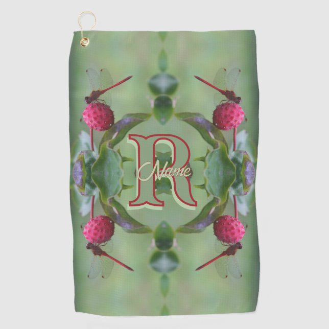 Custom Monogram Your Initial Name Dragonfly Art Golf Towel (Front)
