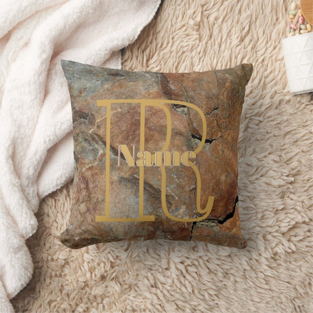 Custom Monogram Your Initial Name Granite Rock Throw Pillow (Blanket)