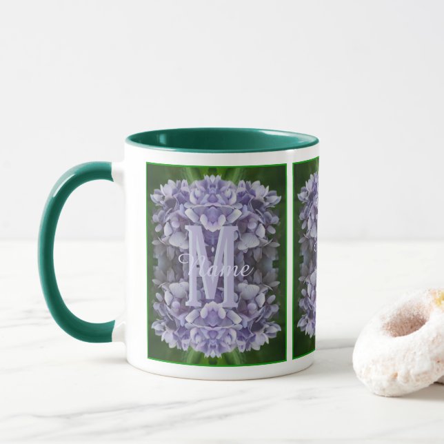 Custom Monogram Your Initial Name Hydrangea Flower Mug (With Donut)