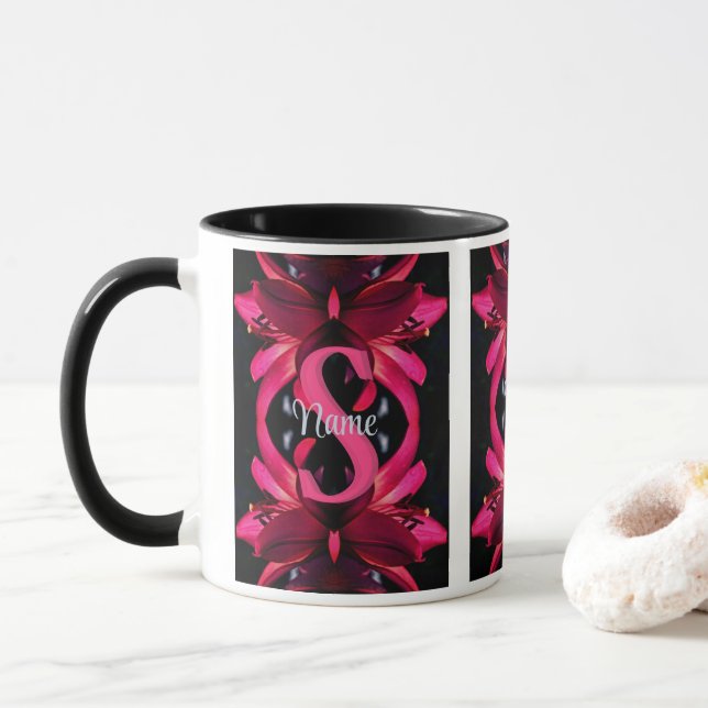 Custom Monogram Your Initial Name Lily Floral Art Mug (With Donut)
