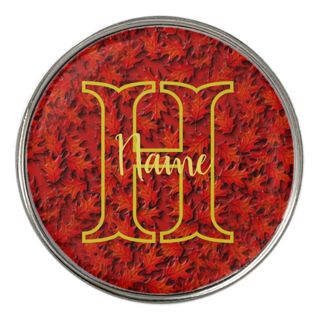 Custom Monogram Your Initial Name Oak Leaves Golf Ball Marker (Front)