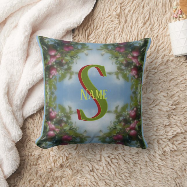 Custom Monogram Your Initial Name Red Apples Art Throw Pillow (Blanket)