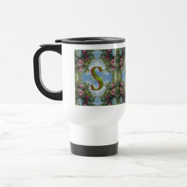 Custom Monogram Your Initial Name Red Apples Art Travel Mug (Left)