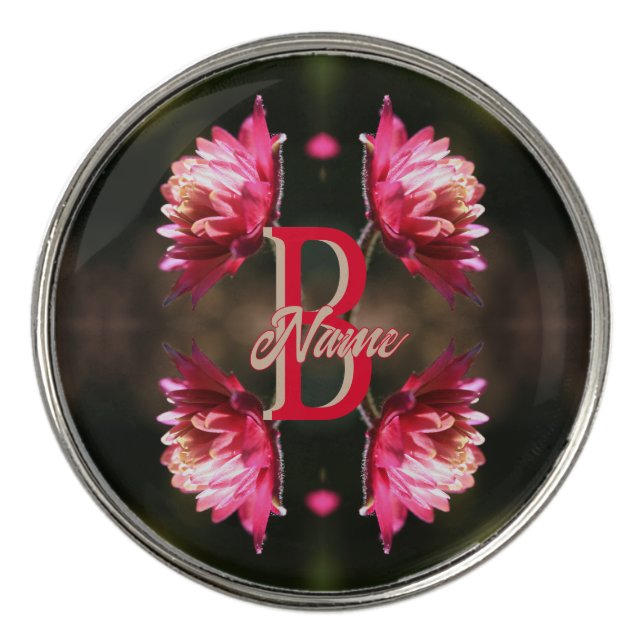 Custom Monogram Your Initial Name Red Flower Golf Ball Marker (Front)