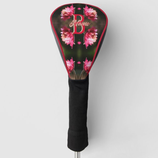 Custom Monogram Your Initial Name Red Flower Golf Head Cover (Front)