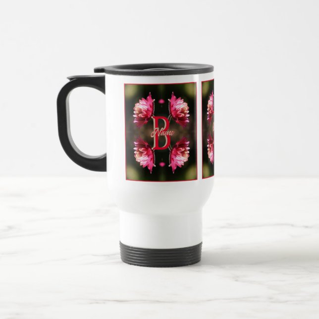 Custom Monogram Your Initial Name Red Flower Travel Mug (Left)