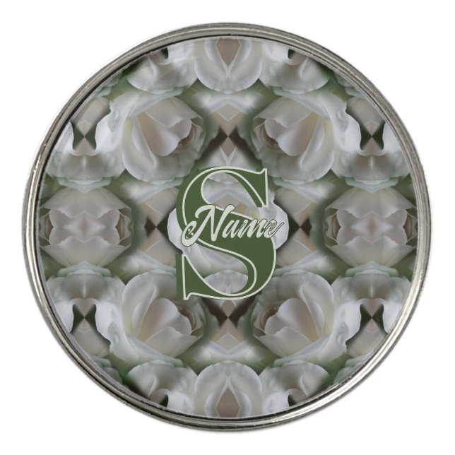 Custom Monogram Your Initial Name White Rose Golf Ball Marker (Front)