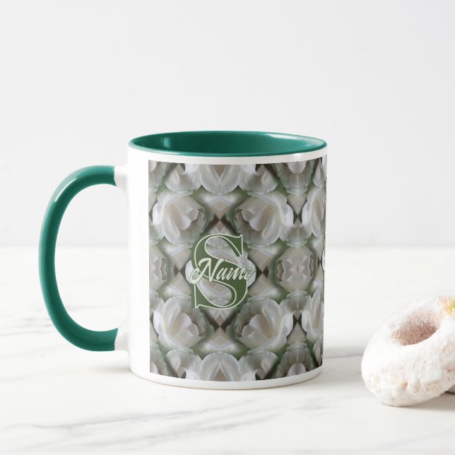 Custom Monogram Your Initial Name White Rose Mug (With Donut)