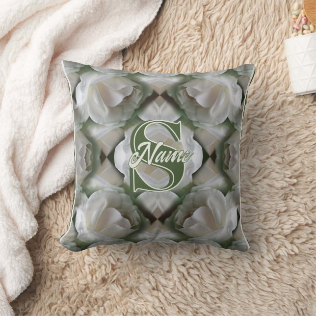 Custom Monogram Your Initial Name White Rose Throw Pillow (Blanket)