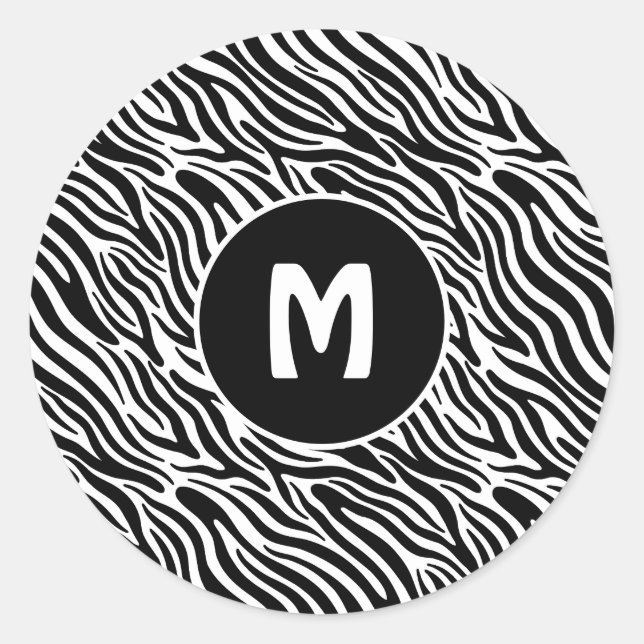 Custom Monogram Zebra Pattern Classic Round Sticker (Front)
