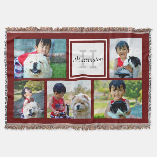 Custom Monogrammed 5 Photo Maroon Picture Collage Throw Blanket (Front)