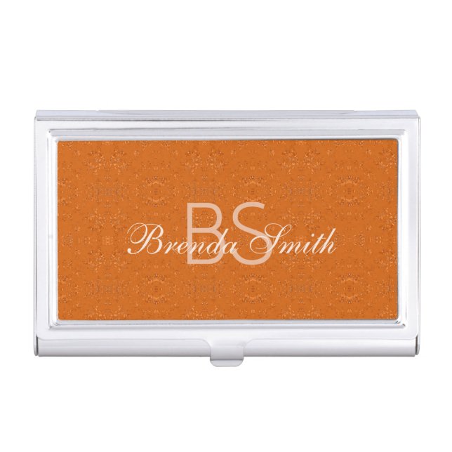 Custom Monogrammed Abstract Pattern Rusty Orange Business Card Case (Front)