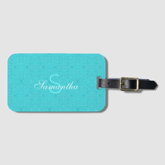 Custom Monogrammed Abstract Pattern Turquoise Blue Luggage Tag (Front Horizontal)