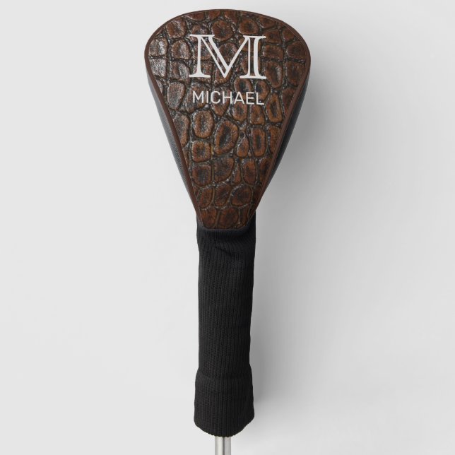 Custom Monogrammed and Name Brown Leather Golf Head Cover (Front)