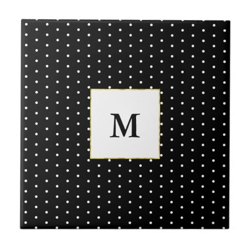 Custom Monogrammed Black and White Polka Dot Ceramic Tile