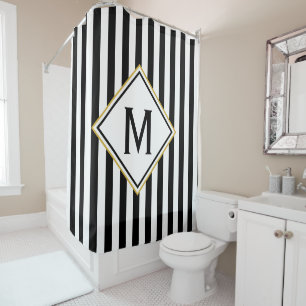 Custom Monogrammed Black and White Striped Pattern Shower Curtain