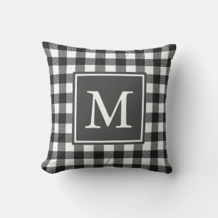 Custom Monogrammed Black & White Buffalo Plaid Throw Pillow
