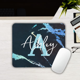 Custom Monogrammed Blue Glitter Marble Mousepad