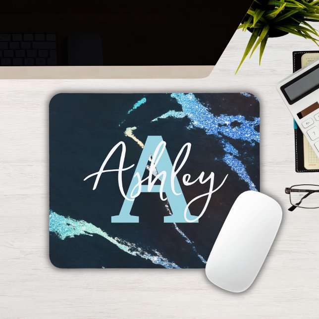 Custom Monogrammed Blue Glitter Marble Mousepad (Custom Monogrammed Blue Glitter Marble Mousepad
)