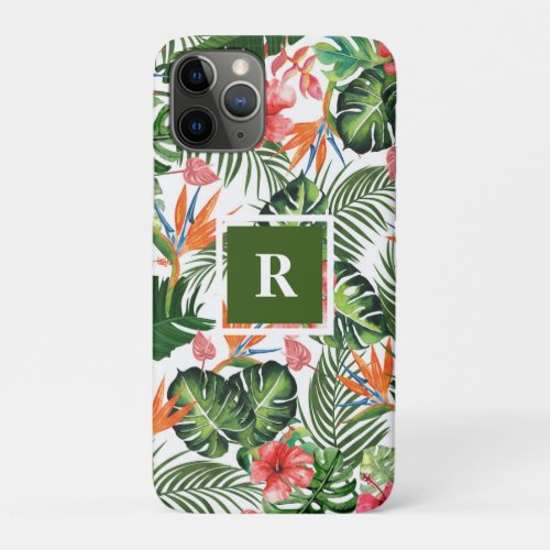 Custom Monogrammed Chic Tropical Pattern Greenery iPhone 11 Pro Case