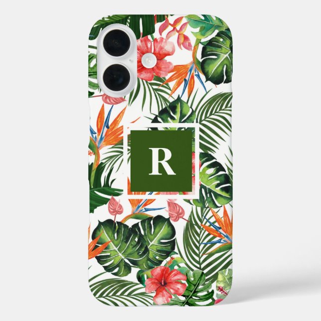Custom Monogrammed Chic Tropical Pattern Greenery Case-Mate iPhone Case (Back)