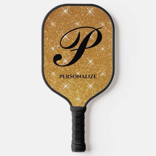 Custom monogrammed cool sparkly gold glitter print pickleball paddle