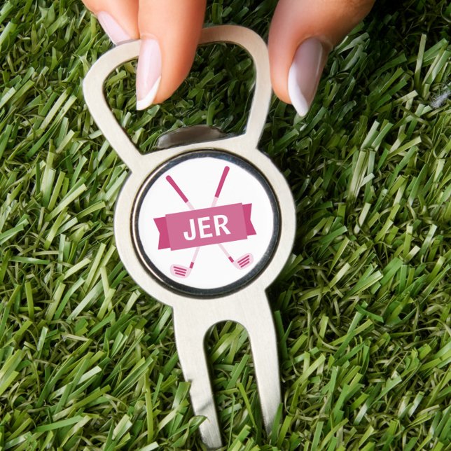 Custom Monogrammed Crossed Club Pink Cool Ladies Divot Tool (Monogrammed pink divot tool with crossed clubs—classic style for her game.)