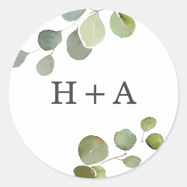 Custom Monogrammed Eucalyptus Wedding Sticker (Front)