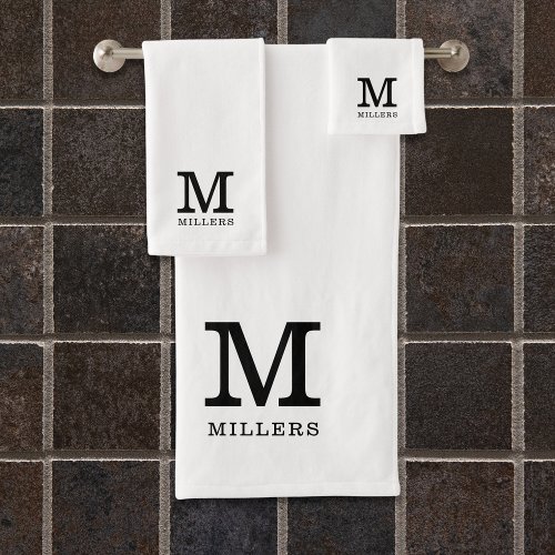 Custom Monogrammed Family Name Black And White Bath Towel Set