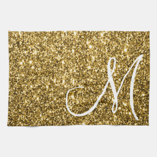 Custom Monogrammed Faux Gold Glitter Sparkle Kitchen Towel