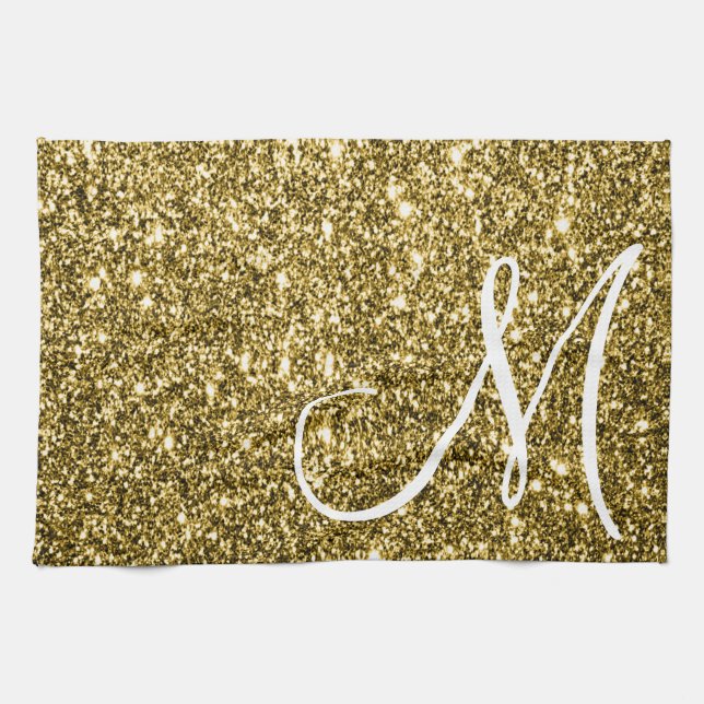 Custom Monogrammed Faux Gold Glitter Sparkle Kitchen Towel (Horizontal)
